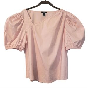 Halogen Pink Puff Short Sleeves Slant Neckline Popover Blouse Top Wmns L Casual